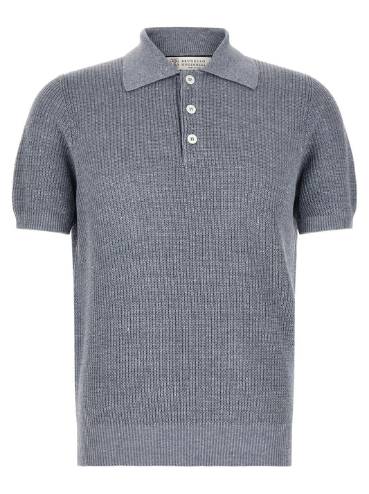 Brunello Cucinelli Blue Linen Polo Shirt for Men