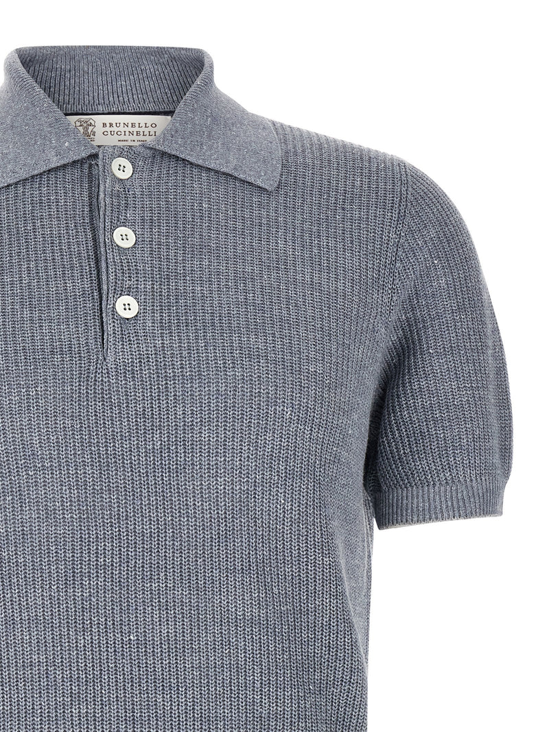 Brunello Cucinelli Blue Linen Polo Shirt for Men
