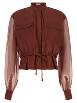 Brunello Cucinelli Brown Cotton Blouse with Silk Sleeves