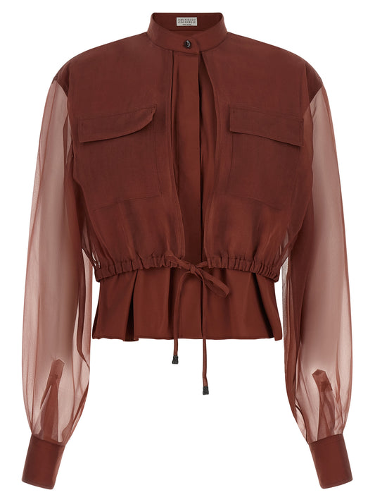 Brunello Cucinelli Brown Cotton Blouse with Silk Sleeves
