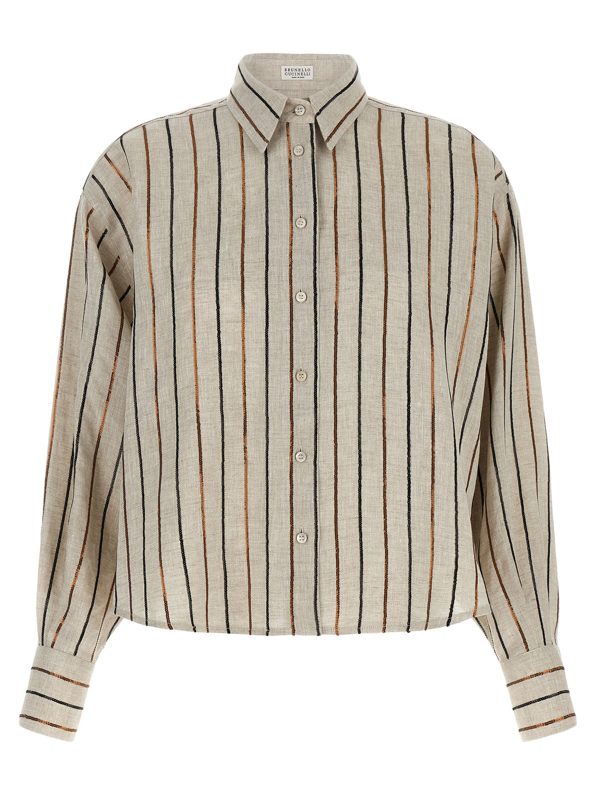 Brunello Cucinelli Beige Linen Blouse with Sparkling Stripes