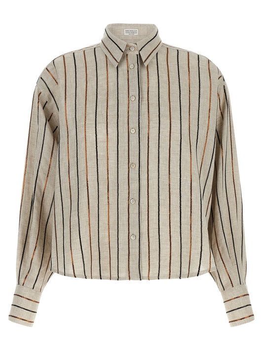 Brunello Cucinelli Beige Linen Blouse with Sparkling Stripes