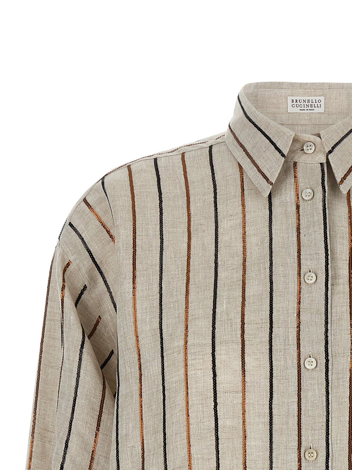 Brunello Cucinelli Beige Linen Blouse with Sparkling Stripes