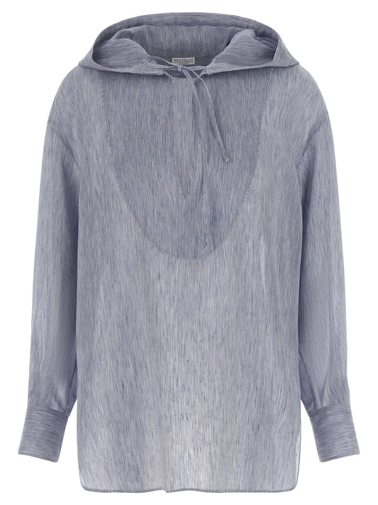 Brunello Cucinelli Blue Linen Blouse with Hood