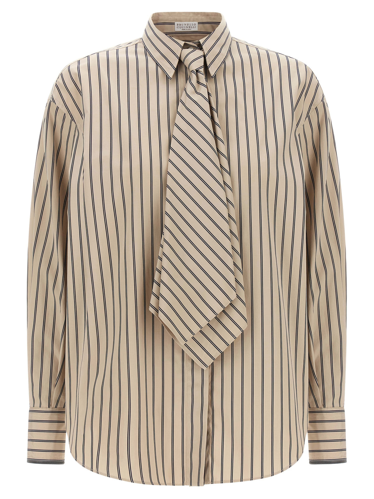 Brunello Cucinelli Beige Cotton Blouse with Integrated Tie