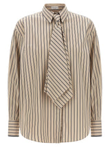 Brunello Cucinelli Beige Cotton Blouse with Integrated Tie