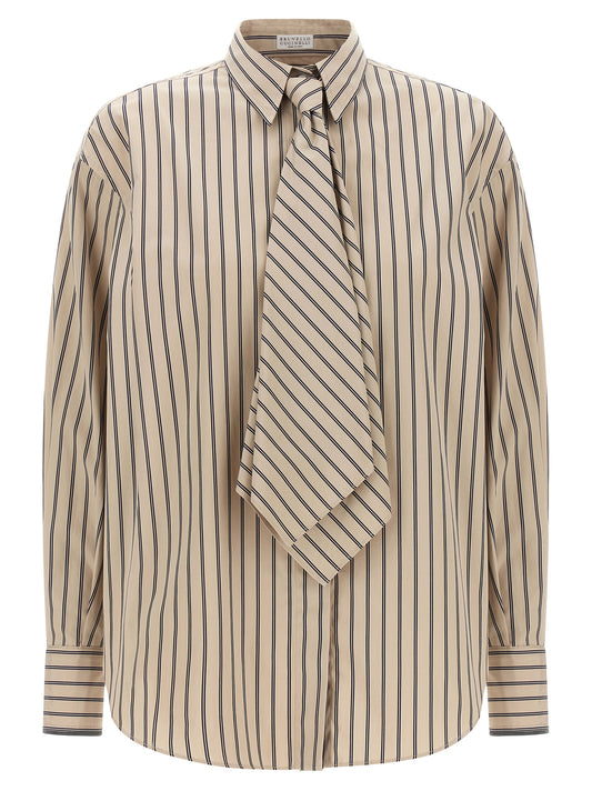 Brunello Cucinelli Beige Cotton Blouse with Integrated Tie