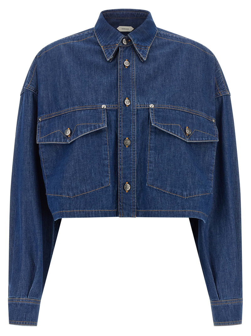 Versace Blue Cotton Blouse - Structured Crop Design