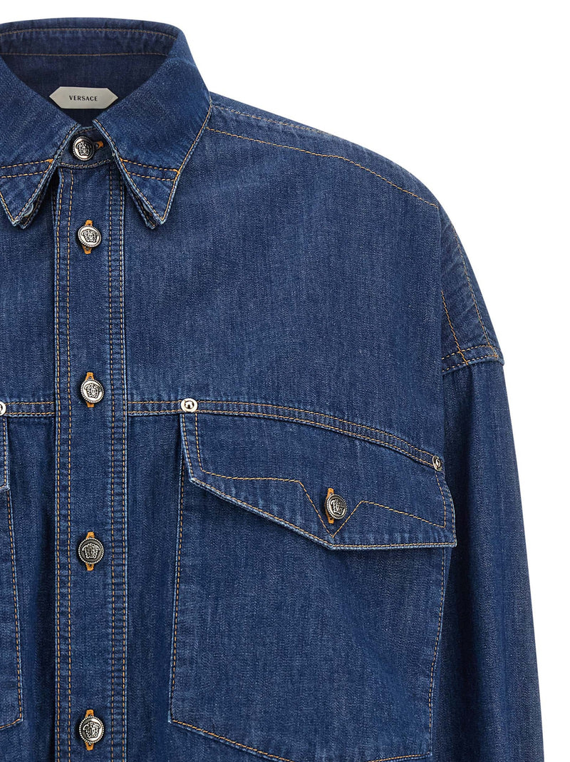 Versace Blue Cotton Blouse - Structured Crop Design