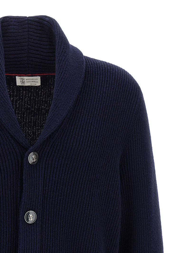 Brunello Cucinelli Blue Cotton Shawl Neck Cardigan for Men