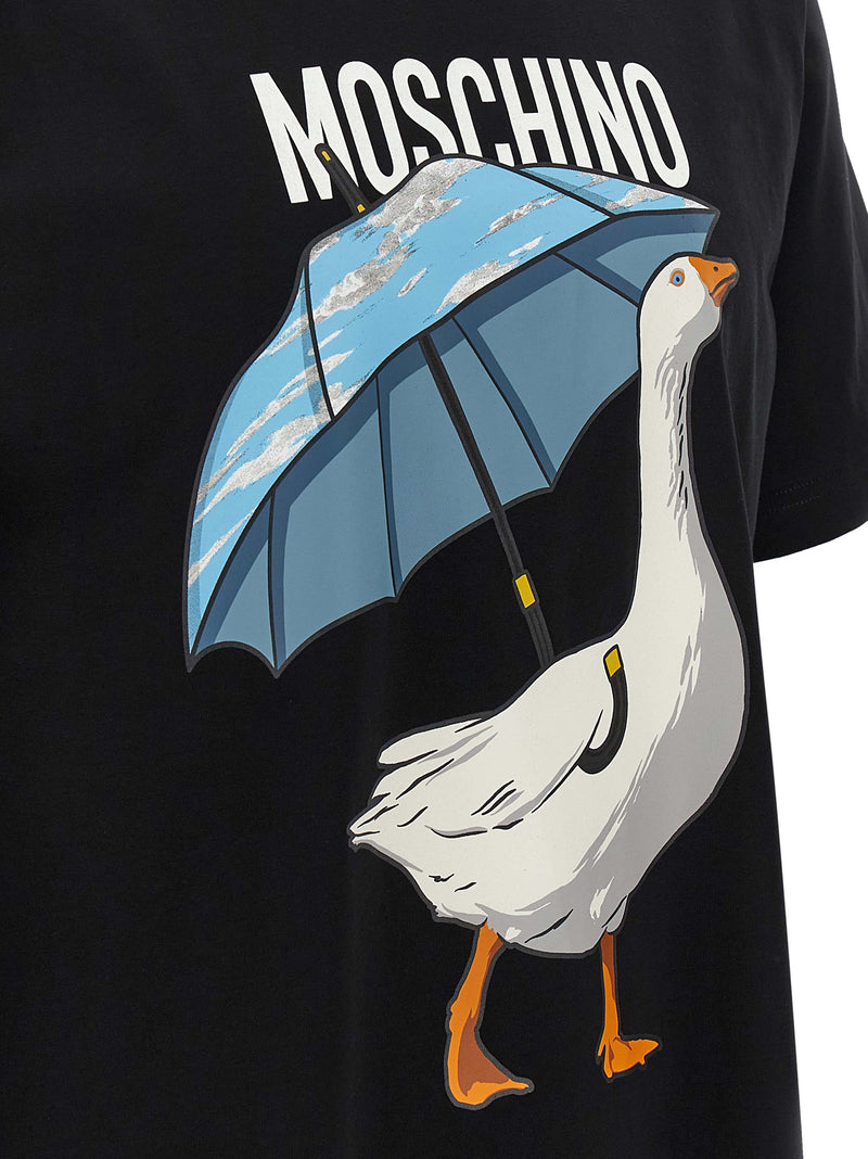 Moschino Black Cotton T-Shirt with Goose Graphic