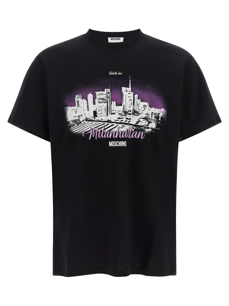 T-Shirt en Coton Noir Moschino ‘Milanhattan’