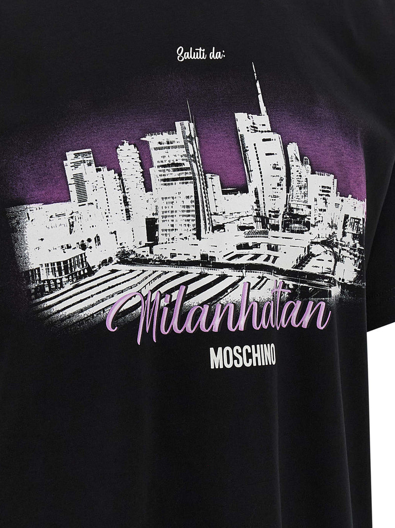 T-Shirt en Coton Noir Moschino ‘Milanhattan’