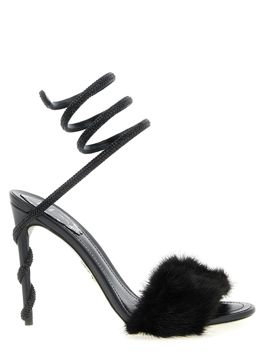 RENE CAOVILLA Margot Black Leather Stiletto Heel Sandals