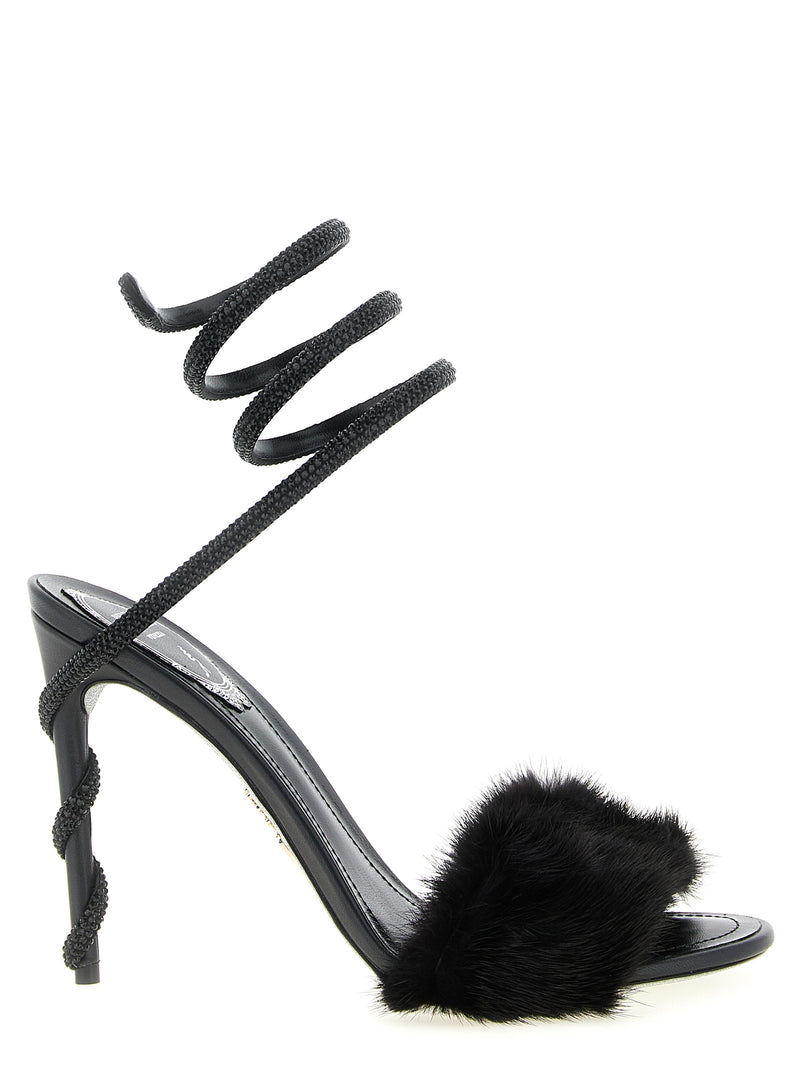 RENE CAOVILLA Margot Black Leather Stiletto Heel Sandals