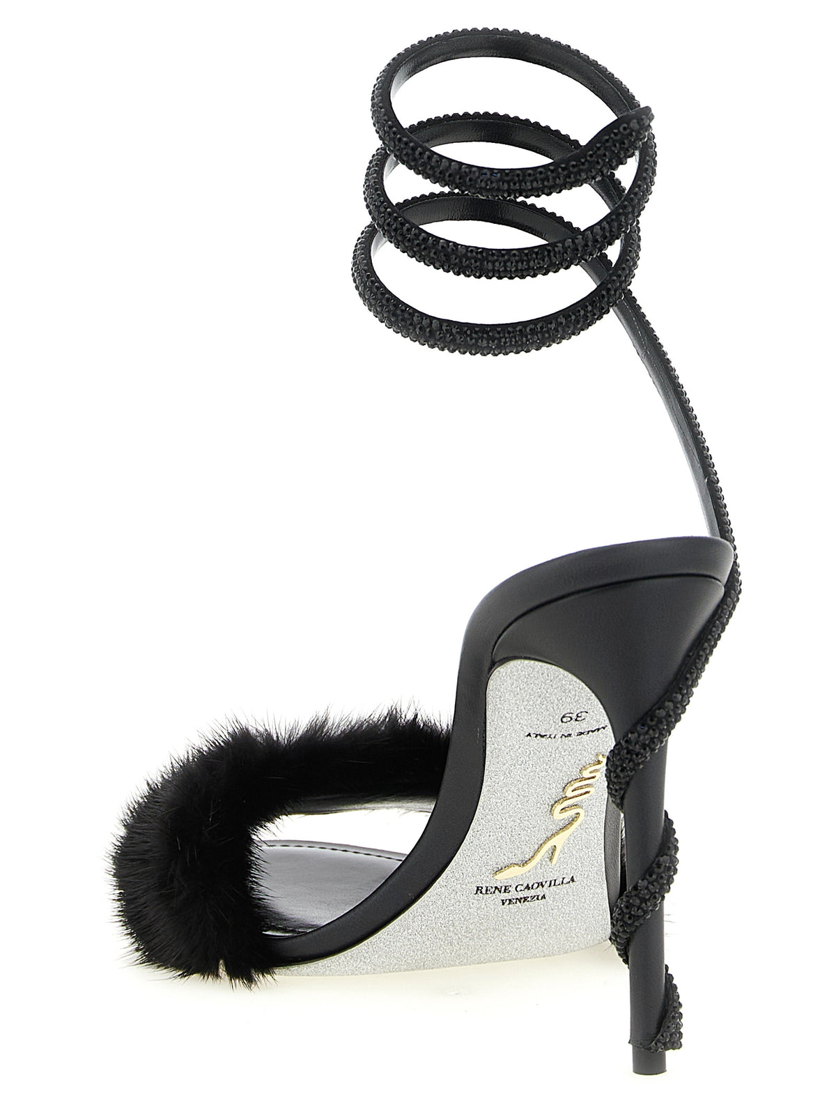 RENE CAOVILLA Margot Black Leather Stiletto Heel Sandals