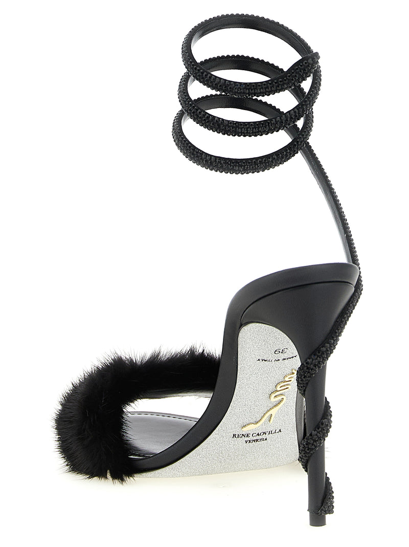 RENE CAOVILLA Margot Black Leather Stiletto Heel Sandals