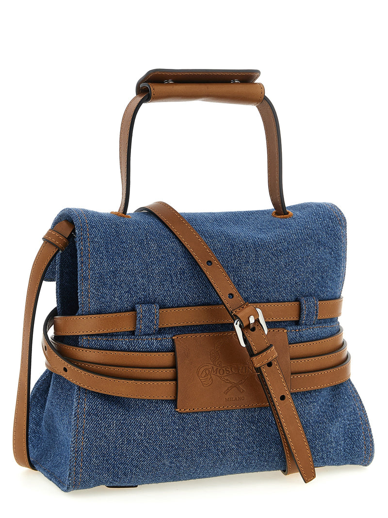 Moschino Tie Me Blue Denim Handbag with Leather Accents