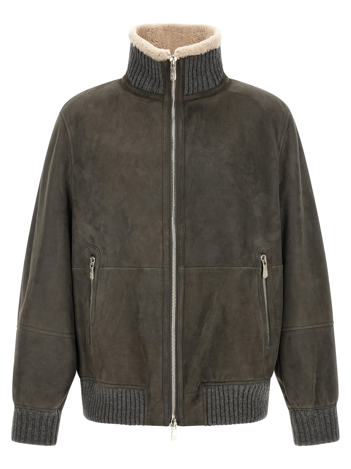 Brunello Cucinelli Blouson en cuir d'agneau gris
