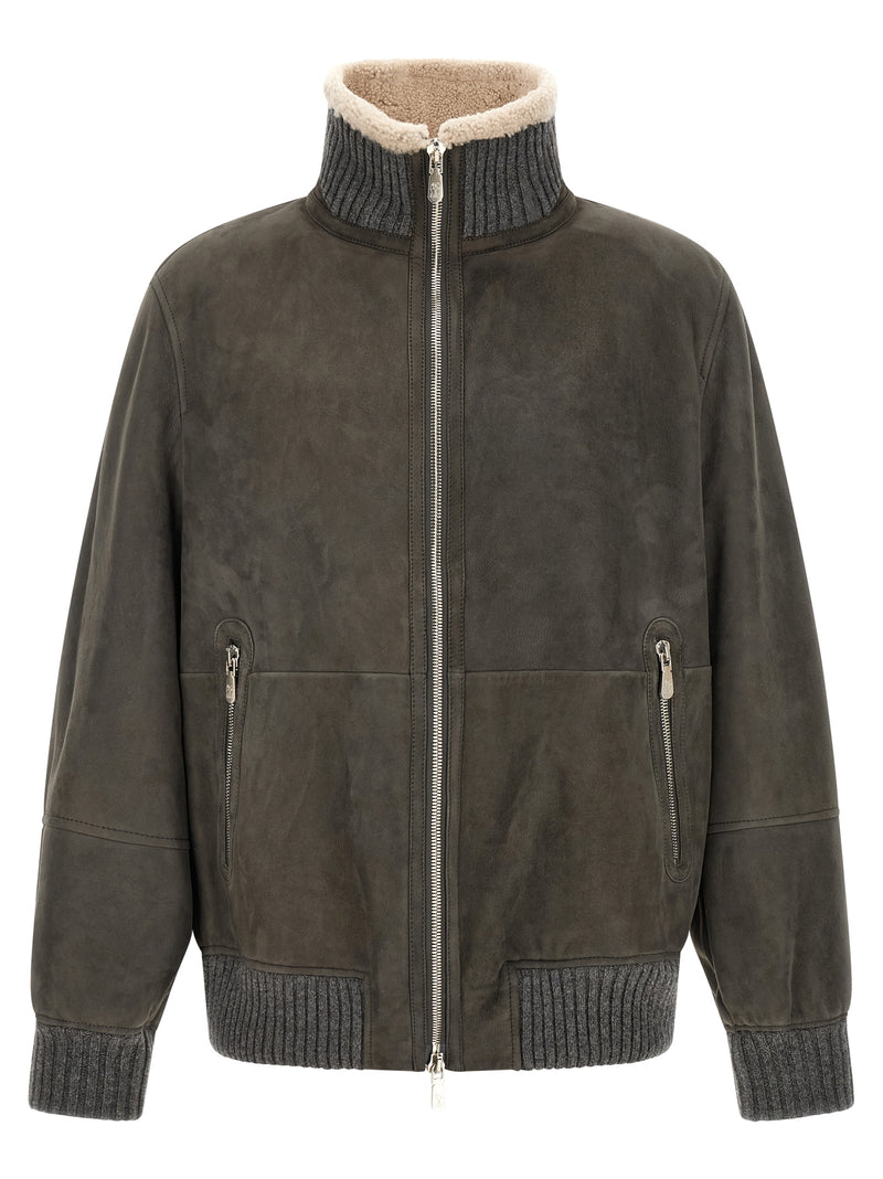 Brunello Cucinelli Blouson en cuir d'agneau gris