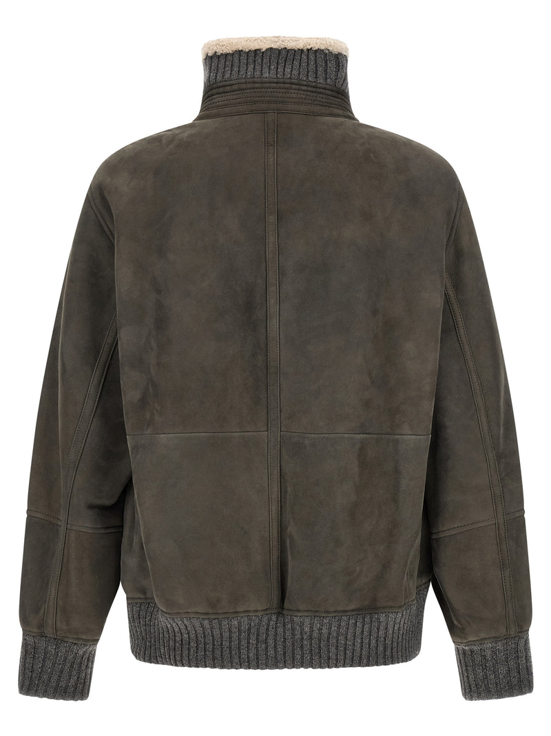 Brunello Cucinelli Blouson en cuir d'agneau gris
