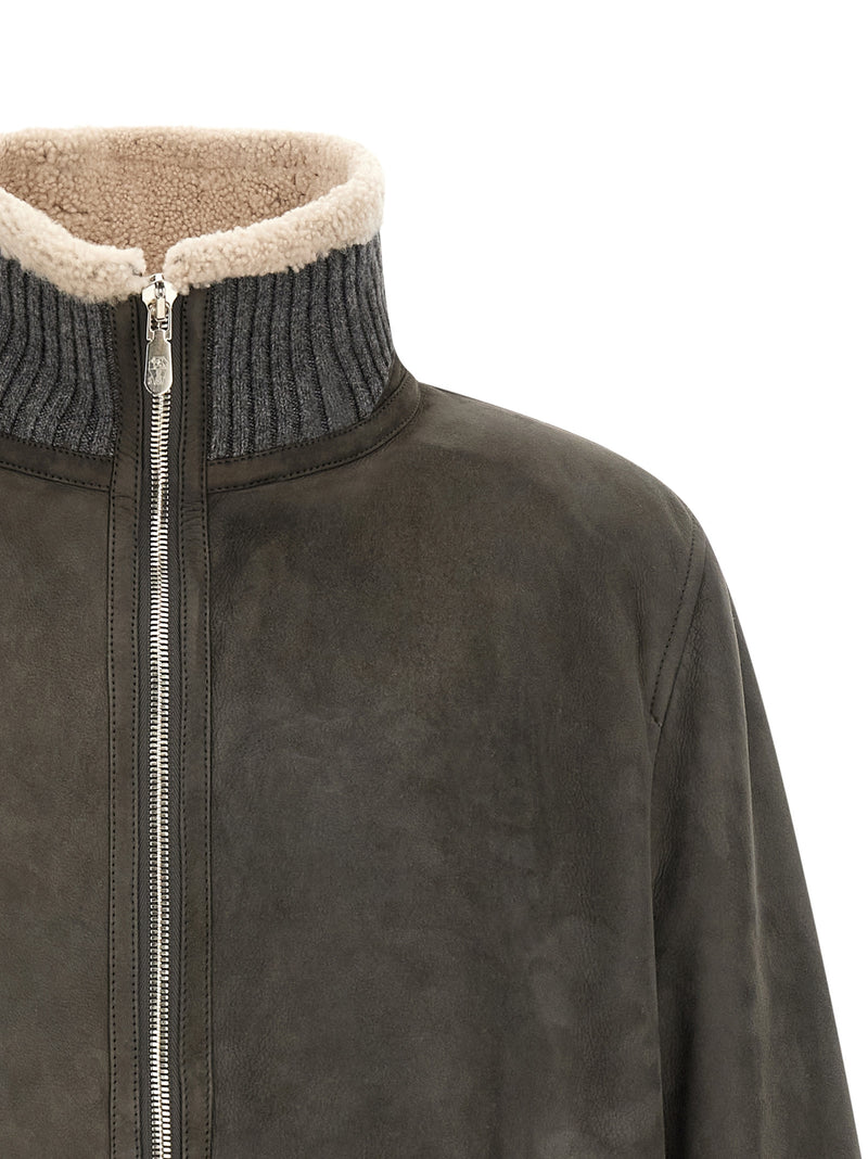 Brunello Cucinelli Blouson en cuir d'agneau gris