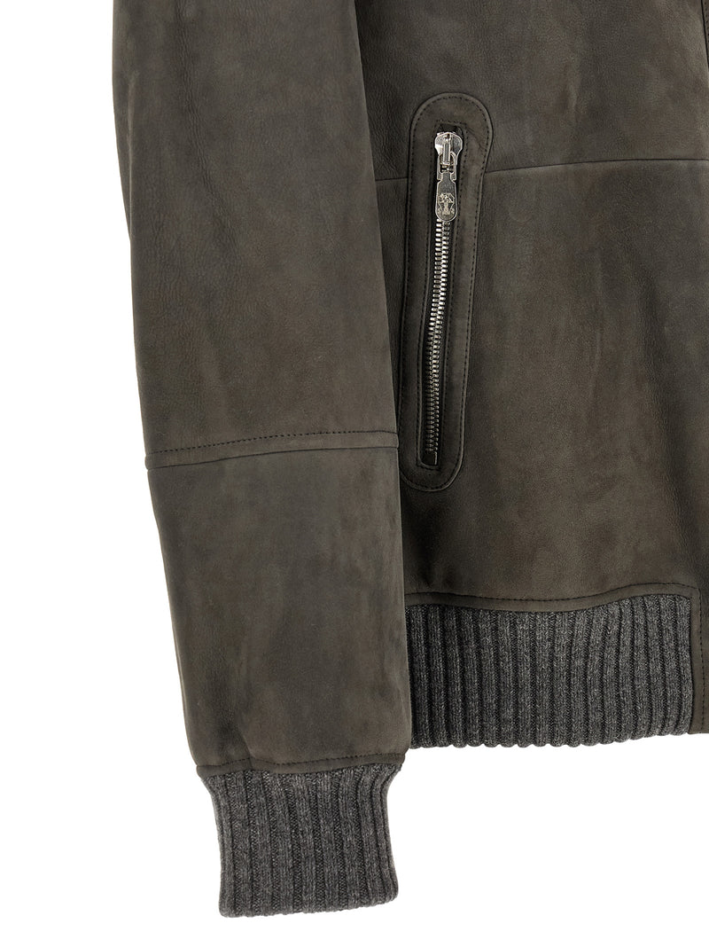 Brunello Cucinelli Blouson en cuir d'agneau gris