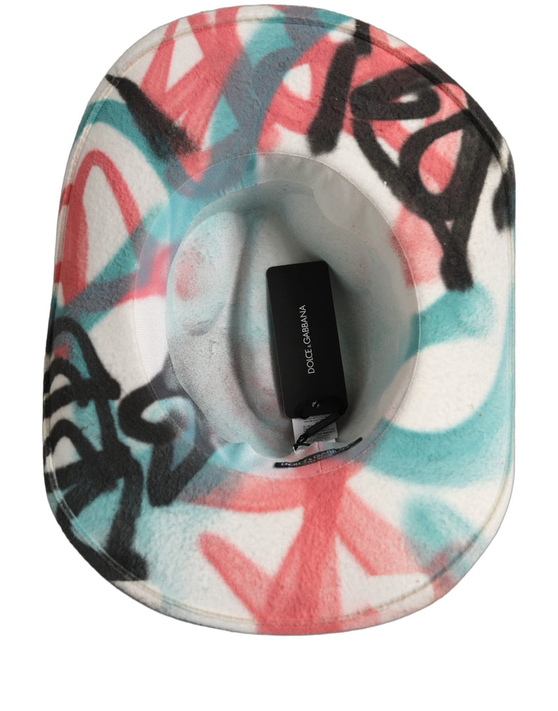 Dolce & Gabbana Men White Graffiti Wide Brim Fedora Capello Hat