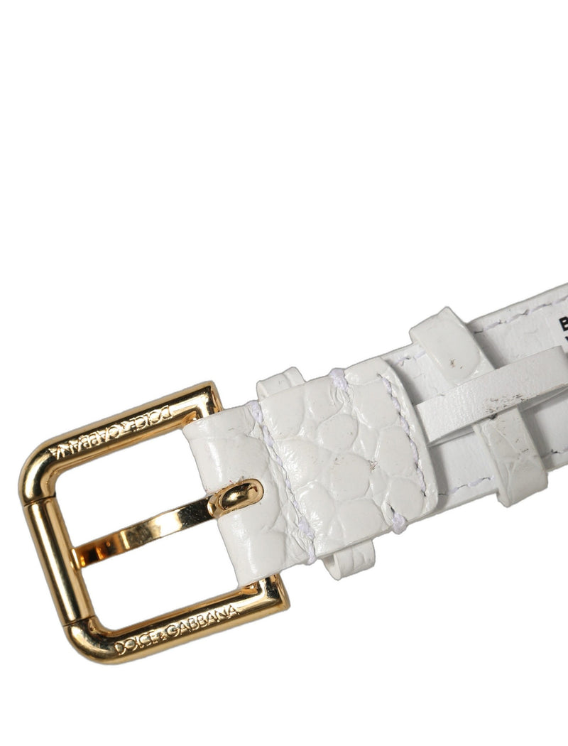 Dolce & Gabbana Bracelet-Manchette en Cuir Gaufré Blanc et Boucle Dorée