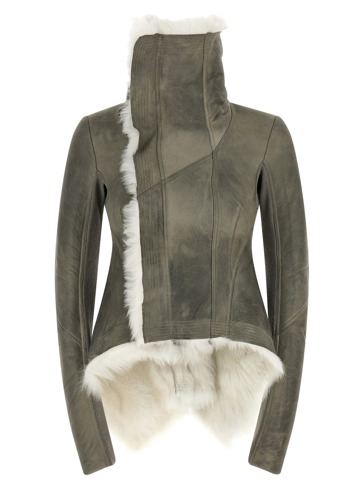 Blouson en cuir et fourrure d'agneau gris Rick Owens