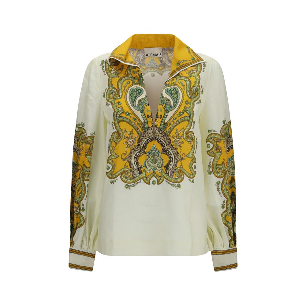 Chemise à motifs en lin beige Alemais