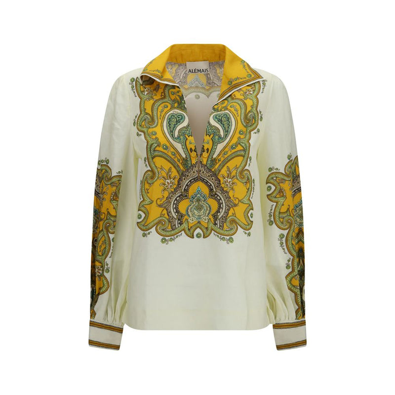 Chemise à motifs en lin beige Alemais