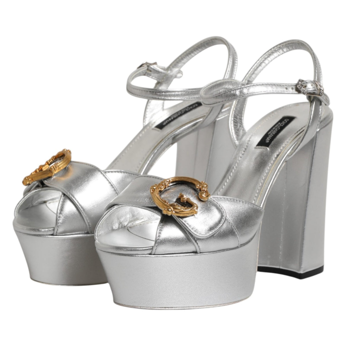 Sandales à talons argentées avec logo et bride de cheville Dolce &amp; Gabbana