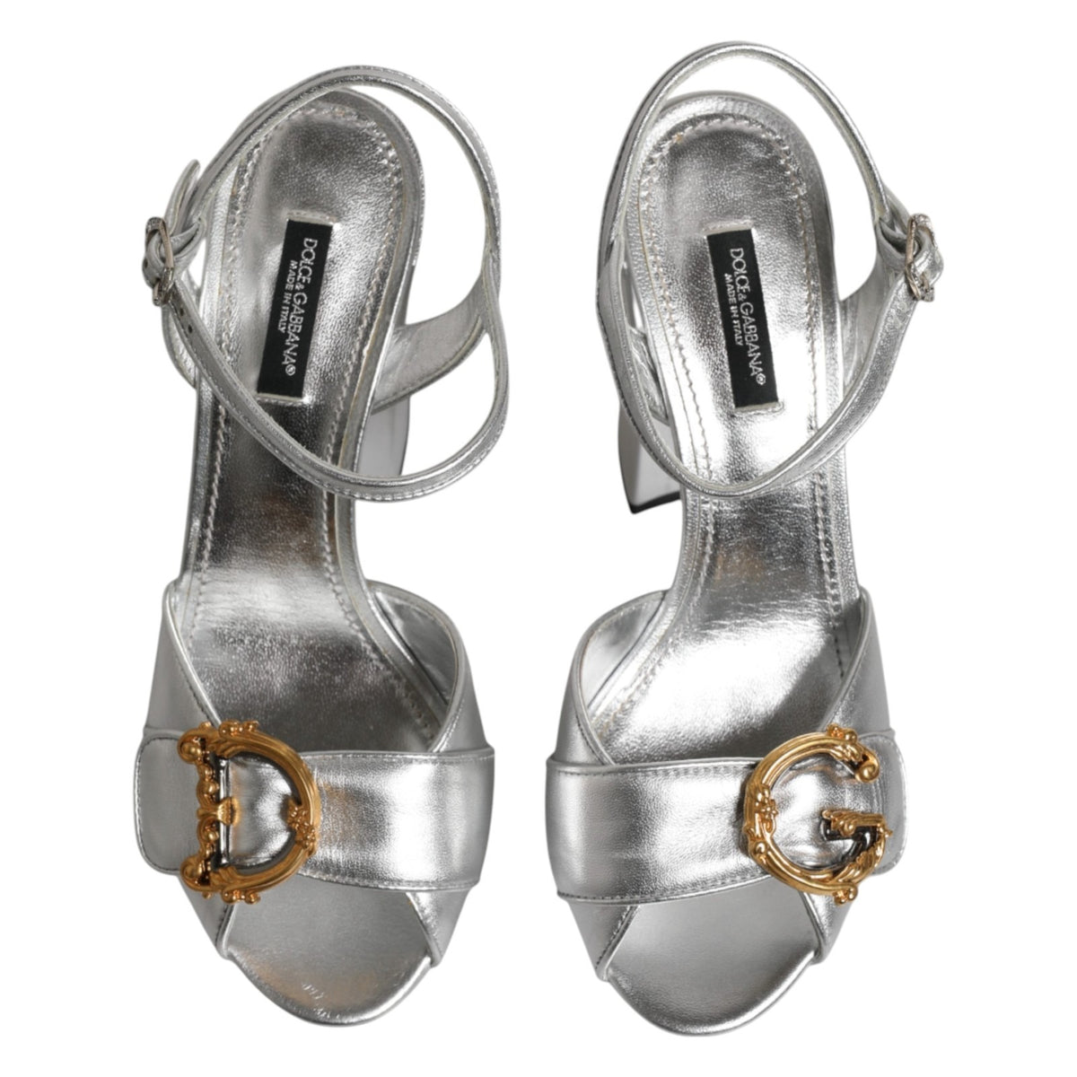 Sandales à talons argentées avec logo et bride de cheville Dolce &amp; Gabbana