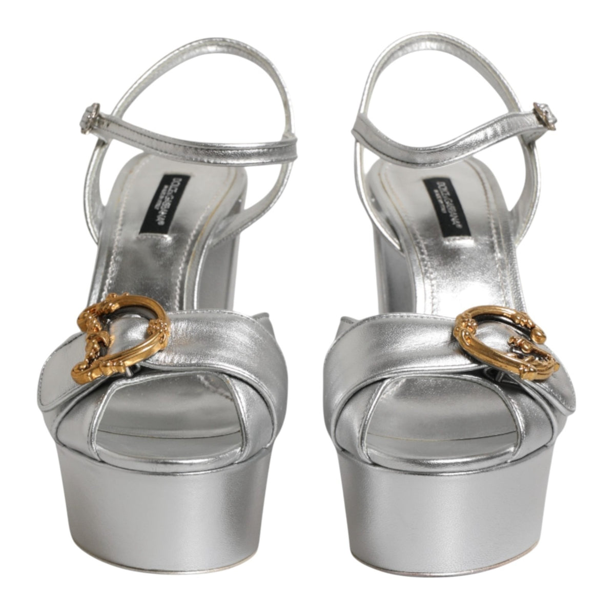 Sandales à talons argentées avec logo et bride de cheville Dolce &amp; Gabbana