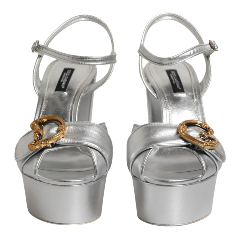 Sandales à talons argentées avec logo et bride de cheville Dolce &amp; Gabbana