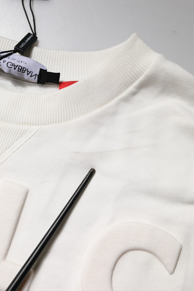 Dolce & Gabbana White Embossed Logo Cotton Crew Neck Sweater