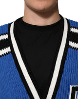 Gilet en tricot côtelé en coton bleu avec logo Dolce &amp; Gabbana