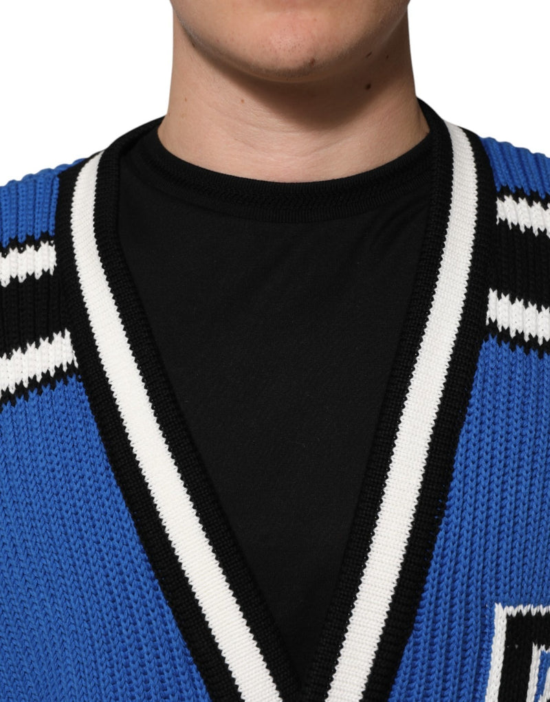 Gilet en tricot côtelé en coton bleu avec logo Dolce &amp; Gabbana