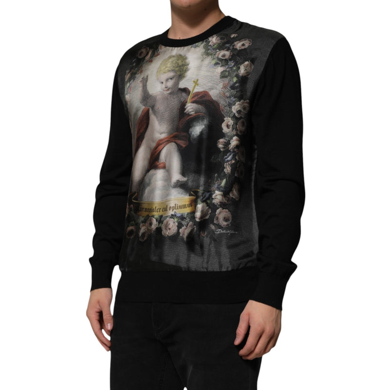 Pull baroque en cachemire noir à imprimé chérubin de Dolce &amp; Gabbana