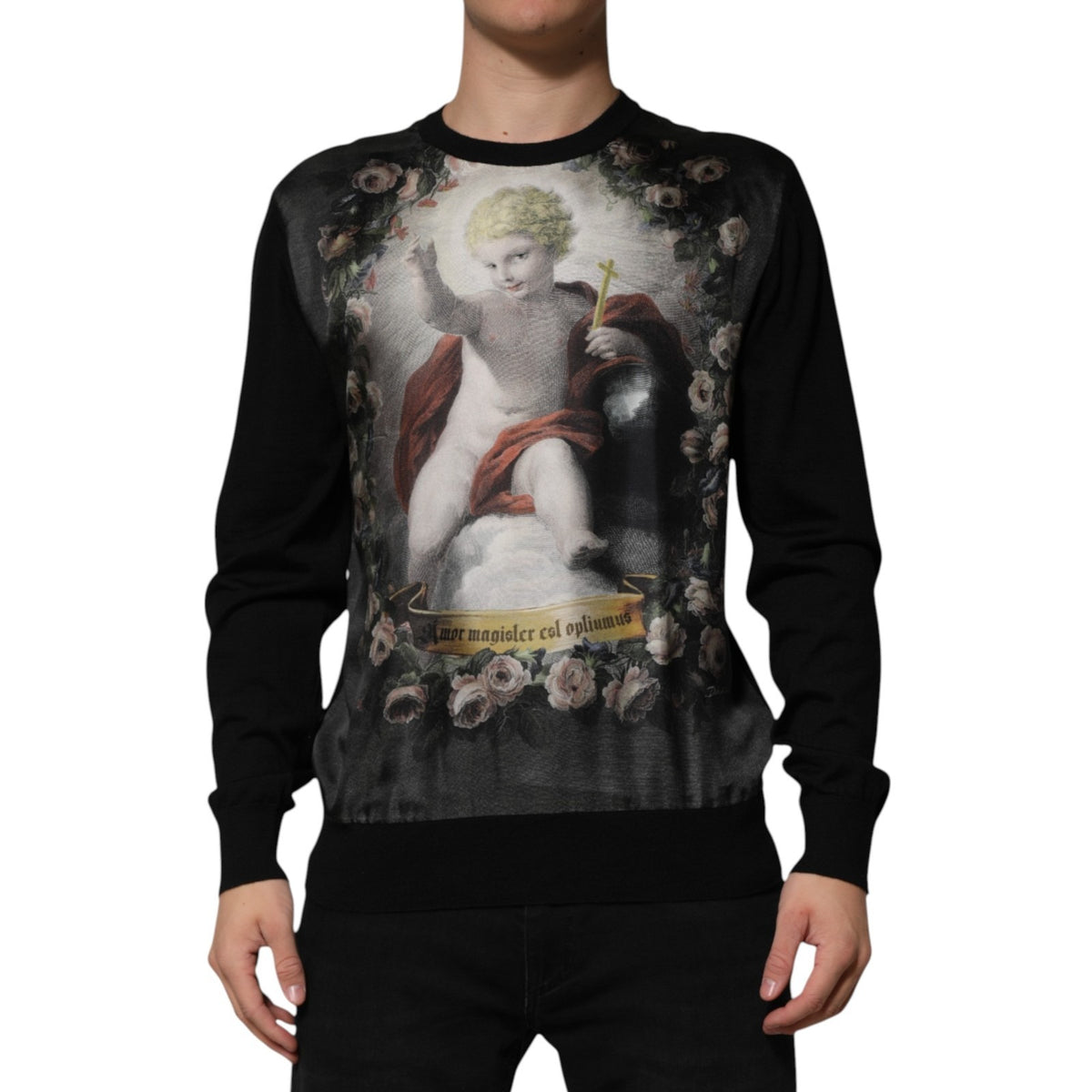 Pull baroque en cachemire noir à imprimé chérubin de Dolce &amp; Gabbana
