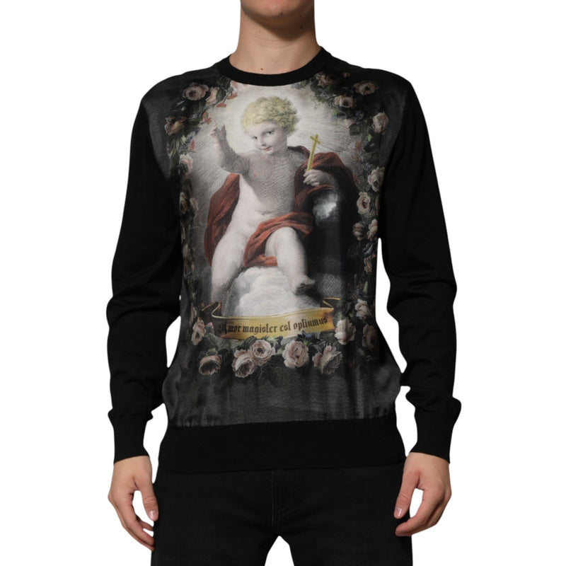 Pull baroque en cachemire noir à imprimé chérubin de Dolce &amp; Gabbana