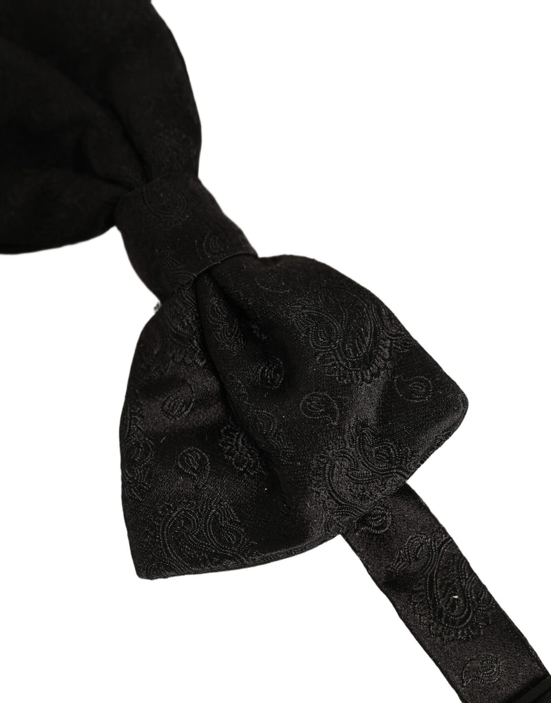 Dolce & Gabbana Men Black Paisley Silk Adjustable Neck Papillon Bow Tie