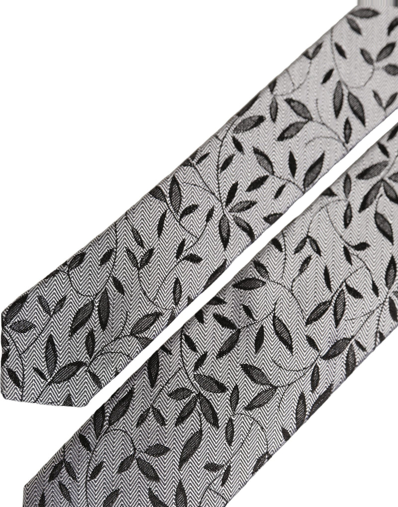 Dolce & Gabbana Men Gray Leaf Pattern Silk Adjustable Tied Necktie Tie