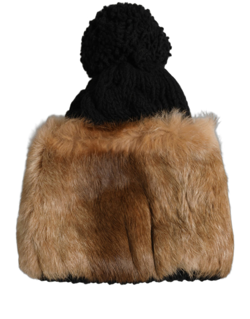 Bonnet d'hiver en fourrure de lapin véritable teintée noir et marron Dolce &amp; Gabbana