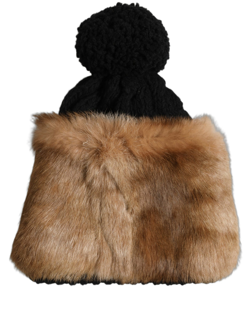 Bonnet d'hiver en fourrure de lapin véritable teintée noir et marron Dolce &amp; Gabbana