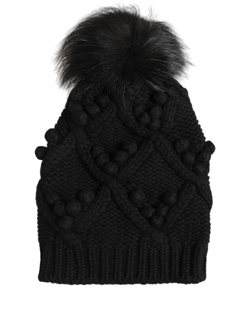 Bonnet en cachemire noir tricoté Dolce & Gabbana avec pompon en fourrure Taille unique