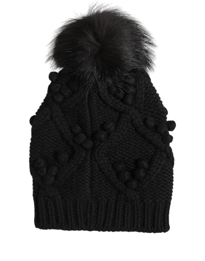Bonnet en cachemire noir tricoté Dolce & Gabbana avec pompon en fourrure Taille unique