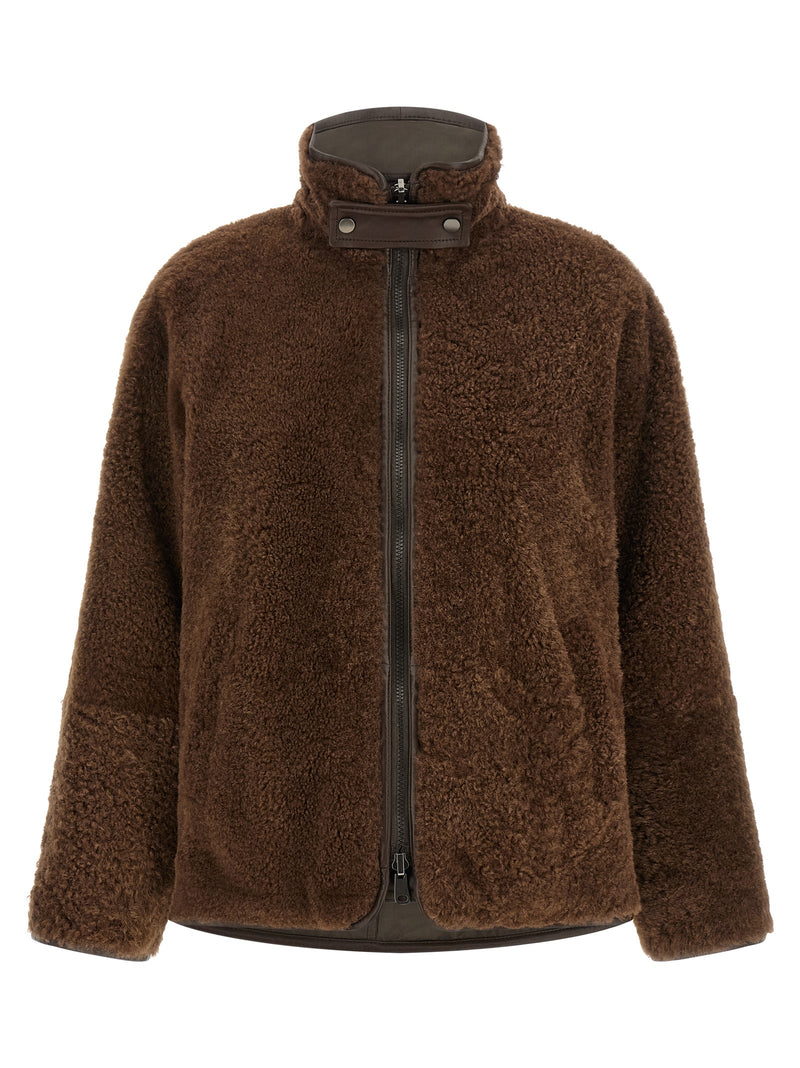 Brunello Cucinelli Blouson de motard en cuir d'agneau marron