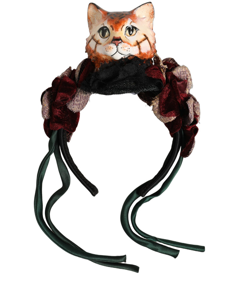 Serre-tête en soie Dolce & Gabbana en velours multicolore motif chat du Bengale
